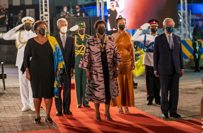 Left to right: Barbados' prime minister Mia Mottley, former cricketer Garfield Sobers, new president Sandra Mason, singer Rihanna and Prince Charles (photo credit: The National)