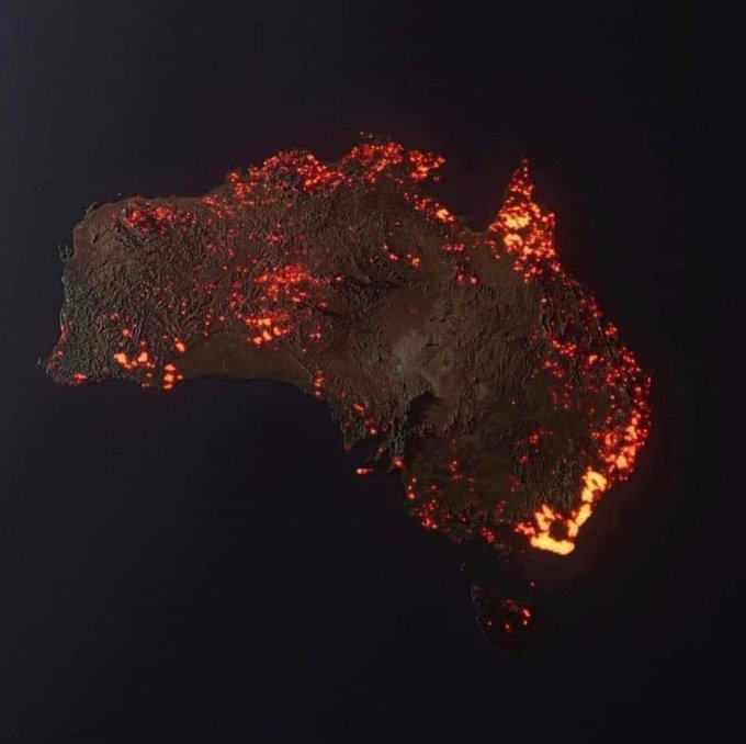 Artist Anthony Hearsey's visualisation of one month (Dec/Jan) of data of locations where fire was detected Artist Anthony Hearsey's visualisation of one month (Dec/Jan) of data of locations where fire was detected