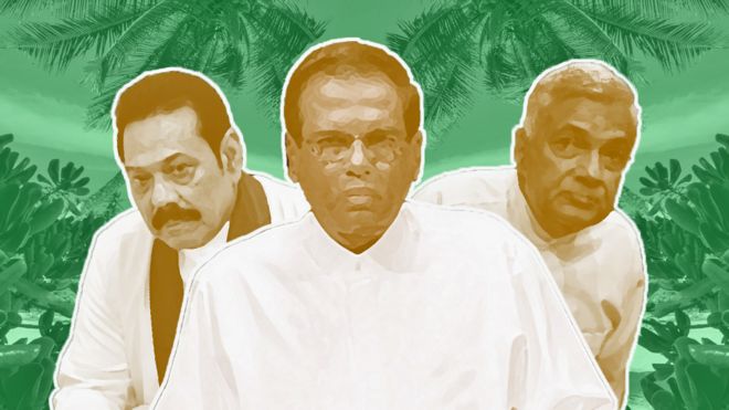 Former President Mahinda Rajapaksa, President Maithripala Sirisena, and Prime Minister Ranil Wickermesinghe (photo credit: BBC) Former President Mahinda Rajapaksa, President Maithripala Sirisena, and Prime Minister Ranil Wickermesinghe (photo credit: BBC)