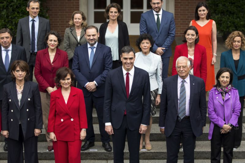 In this Friday, June 8, 2018 photo, Spain's new government's Ministers pose for the media after their first Cabinet meeting at the Moncloa palace in Madrid (photo credi: AP Photo/Francisco Seco) In this Friday, June 8, 2018 photo, Spain's new government's Ministers pose for the media after their first Cabinet meeting at the Moncloa palace in Madrid (photo credi: AP Photo/Francisco Seco)