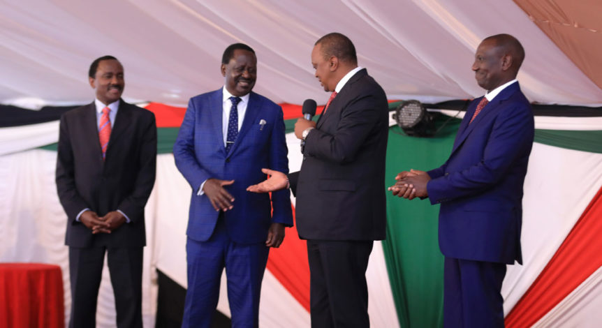 President Kenyatta (second right) and Odinga (second left) shake hands in presence of Vice President Ruto (right) (photo credit: Kenya Connection)