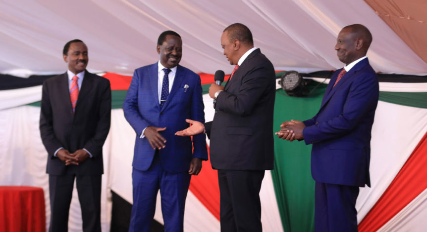 President Kenyatta (second right) and Odinga (second left) shake hands in presence of Vice President Ruto (right) (photo credit: Kenya Connection) President Kenyatta (second right) and Odinga (second left) shake hands in presence of Vice President Ruto (right) (photo credit: Kenya Connection)