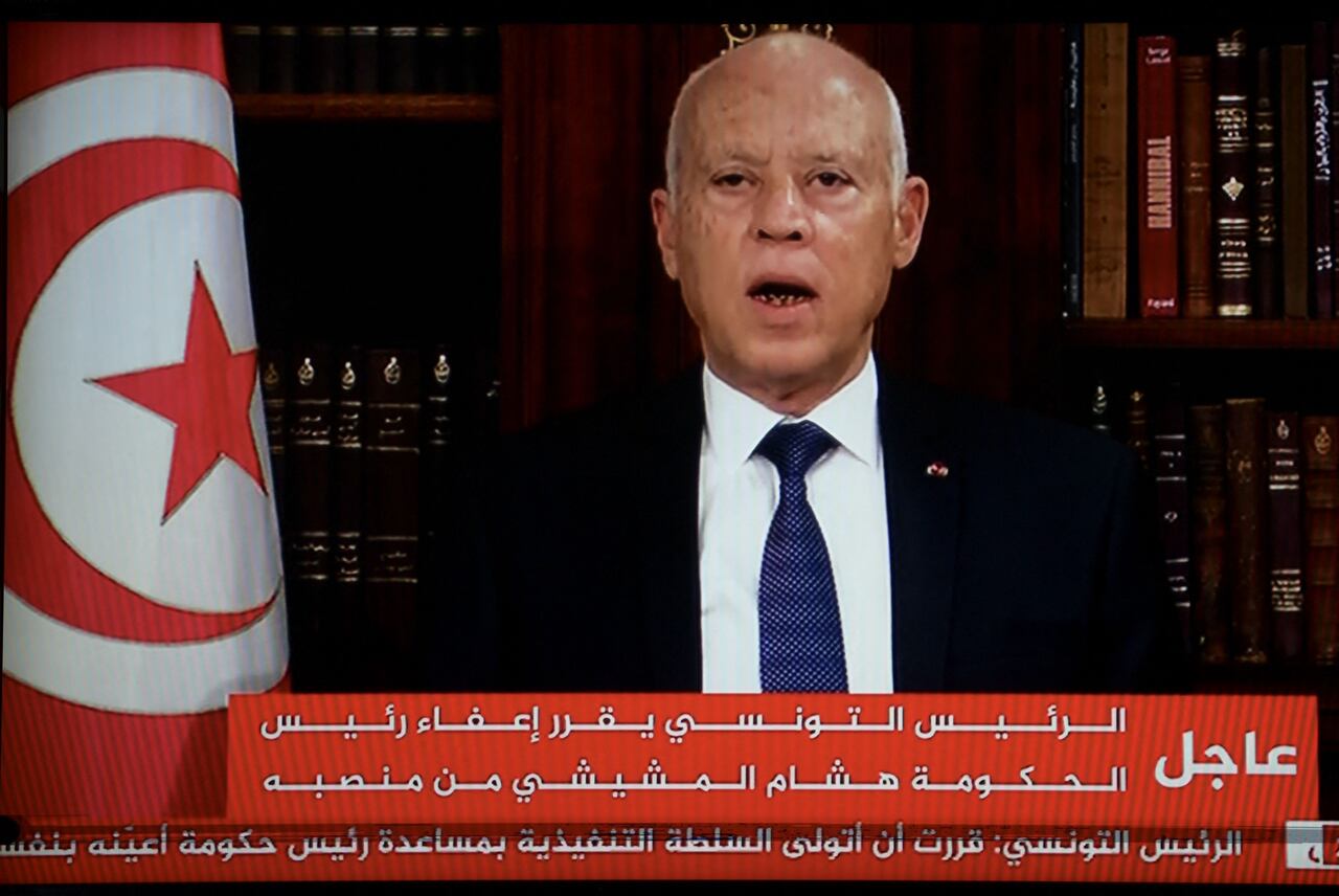 Tunisian President Kais Saied announcing the dismissal of the Prime Minister and suspension of parliament on 25 July 2021 (photo credit: Fethi Belaid via AFP) Tunisian President Kais Saied announcing the dismissal of the Prime Minister and suspension of parliament on 25 July 2021 (photo credit: Fethi Belaid via AFP)