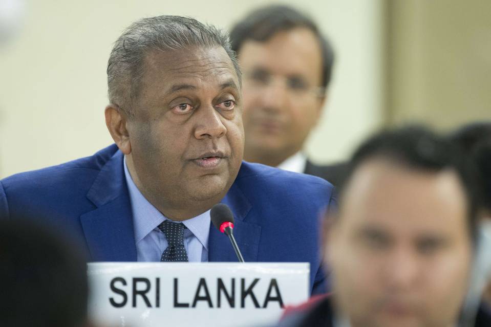 Sri Lanka's Foreign Minister Mangala Samaraweera speaks during the 30th regular session at the Human Rights Council in Geneva. Sri Lanka told the U.N. Human Rights Council it plans to implement change to foster postwar reconciliation with the country’s Tamil minority [photo credit: AFP]