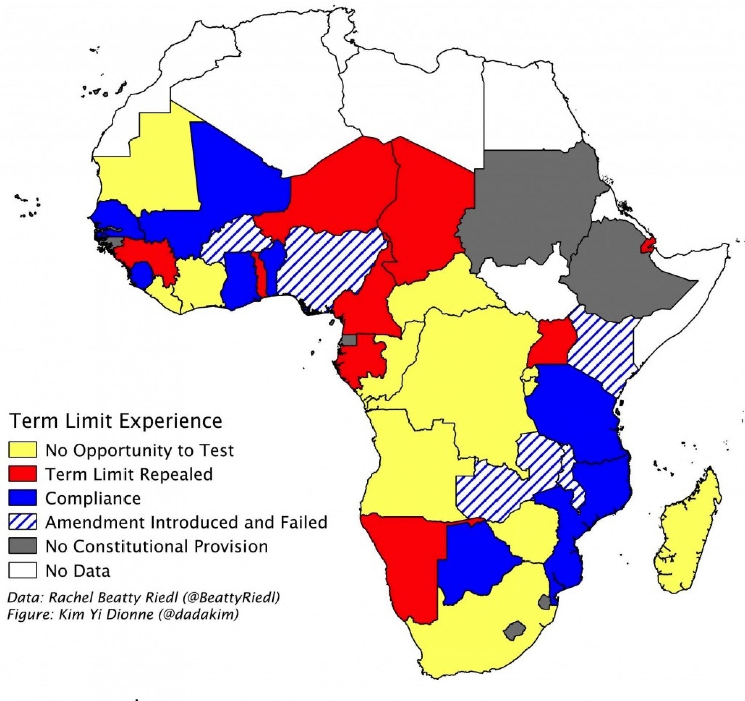 African countries are shaded according to their experience as of February 2015 regarding attempts to repeal constitutional term limits of the executive. Data: Rachel Beatty Riedl. (Kim Yi Dionne/The Monkey Cage) African countries are shaded according to their experience as of February 2015 regarding attempts to repeal constitutional term limits of the executive. Data: Rachel Beatty Riedl. (Kim Yi Dionne/The Monkey Cage)