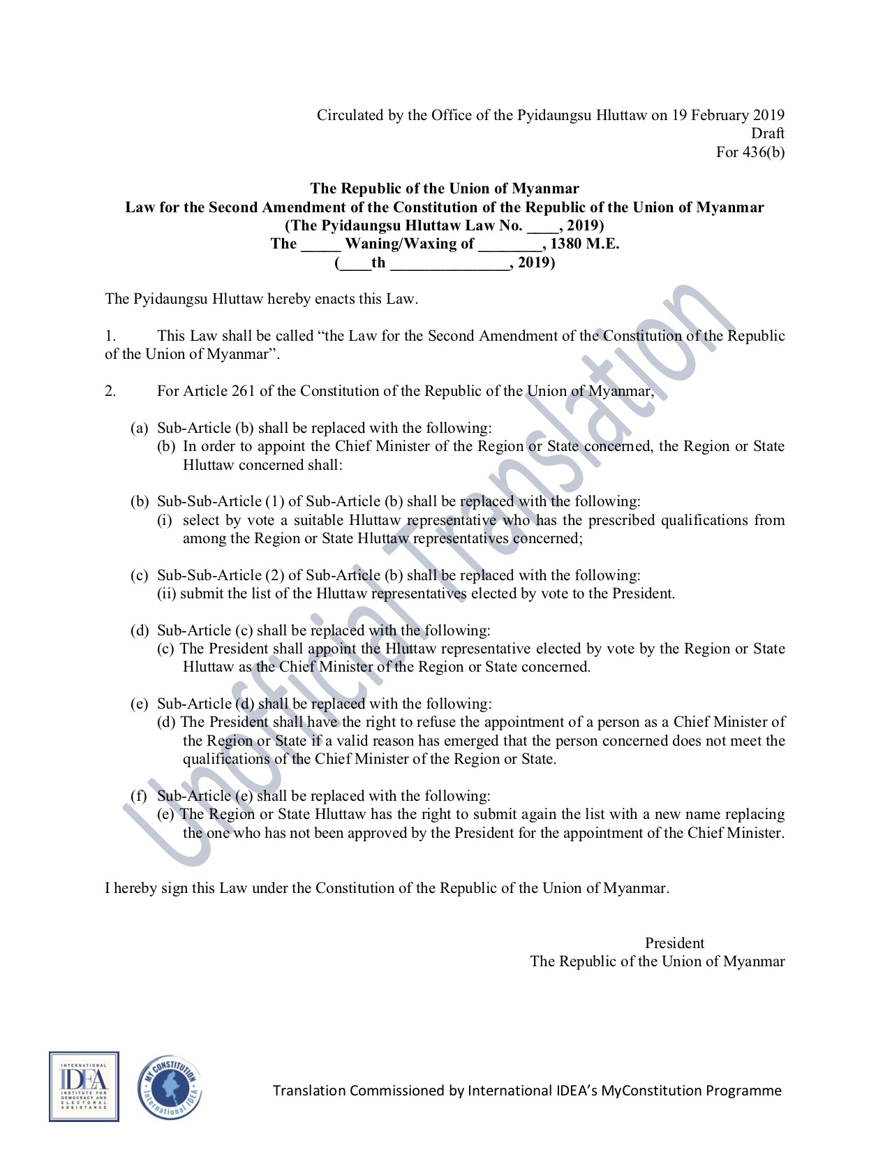 Myanmar: Proposed Constitutional Amendment Bills Myanmar: Proposed Constitutional Amendment Bills