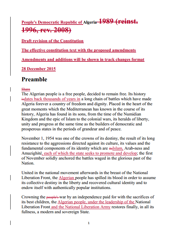 English translation of the proposed amendments to the Algerian Constitution adopted on 3 Feb 2016 (28 December 2015) English translation of the proposed amendments to the Algerian Constitution adopted on 3 Feb 2016 (28 December 2015)