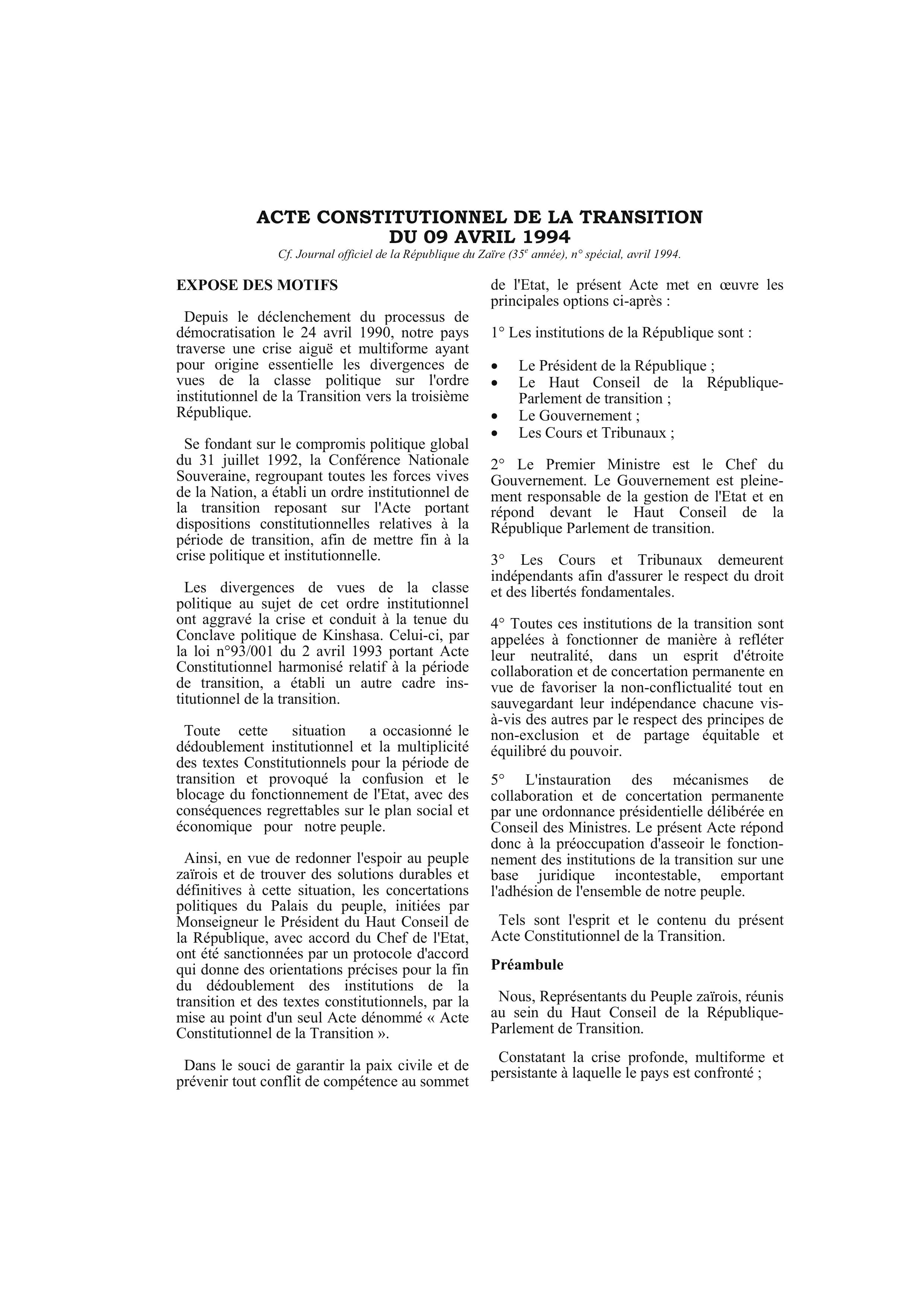 Interim Constitution - Democratic Republic of Congo (1994-1997) Interim Constitution - Democratic Republic of Congo (1994-1997)