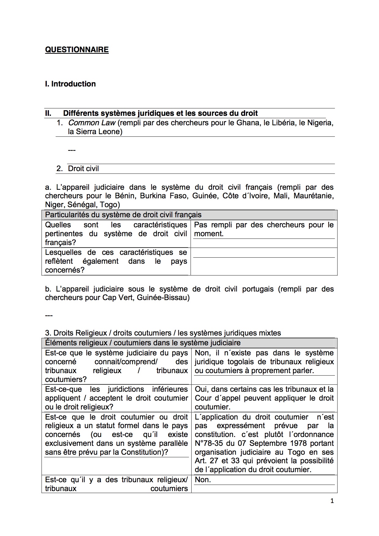 Rule of Law Questionnaire - Togo Rule of Law Questionnaire - Togo