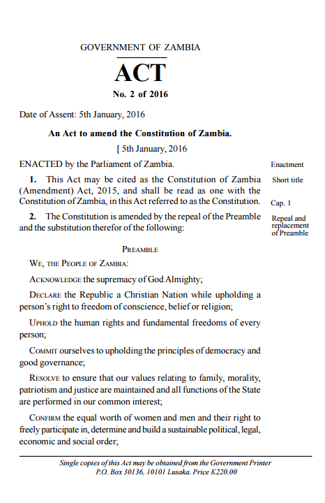 Constitution of Zambia (Amendment) Act, 2015 (5 January 2016) Constitution of Zambia (Amendment) Act, 2015 (5 January 2016)