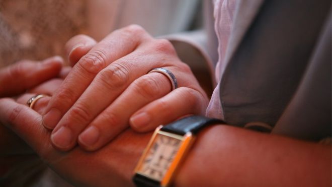 Irish couple Orla Howard and Dr Grainne Courtney exchanged rings at their wedding in New York in 2013 and from Monday, their marriage is automatically recognised by the authorities in their own country (photo credit: BBC News)