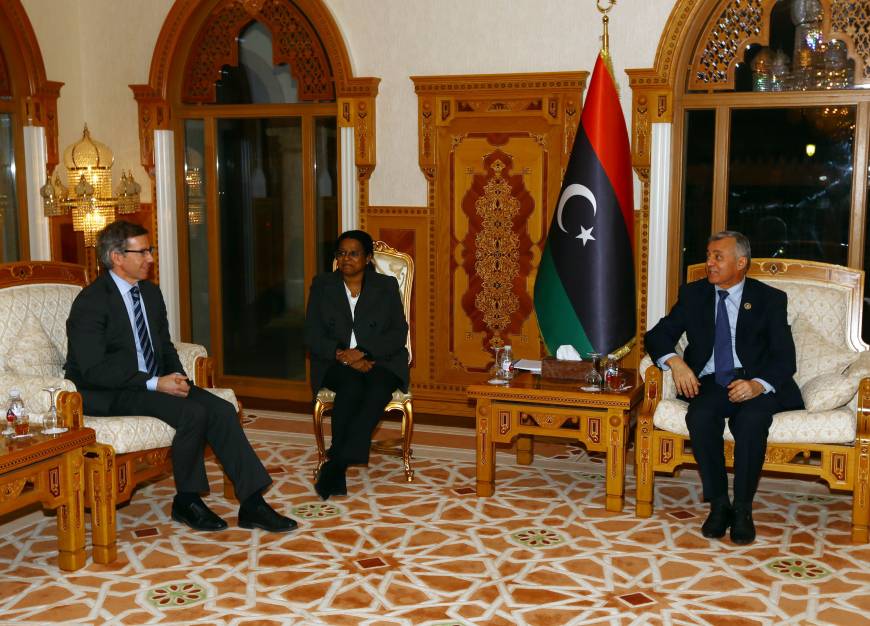UN special envoy Bernardino Leon (left) meets with President of the General National Congress Nuri Abu Sahmein (right) in Tripoli on 24 March 2015 (photo credit: AFP-JIJI) UN special envoy Bernardino Leon (left) meets with President of the General National Congress Nuri Abu Sahmein (right) in Tripoli on 24 March 2015 (photo credit: AFP-JIJI)