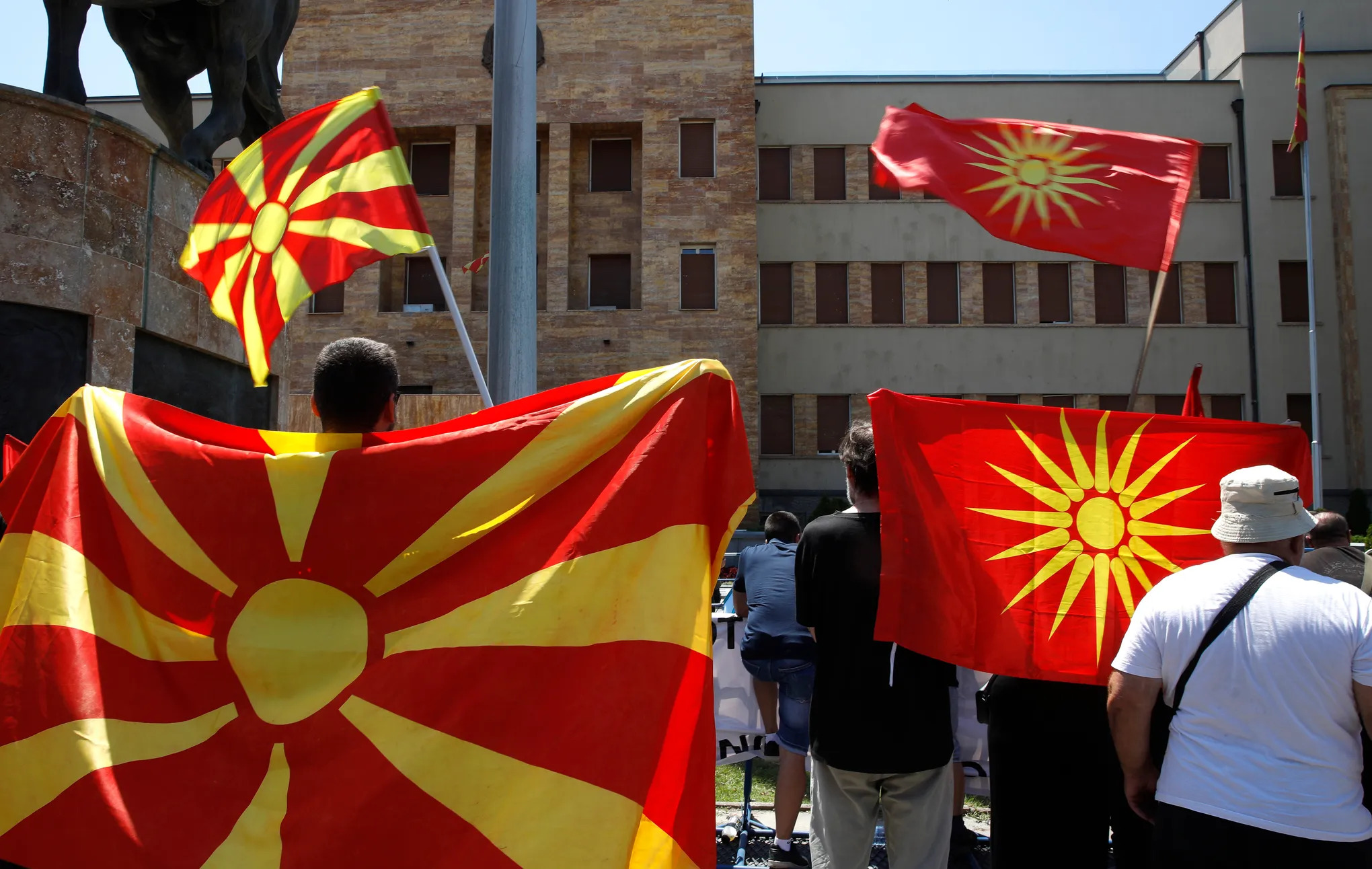 Flag of North Macedonia in front of parliament building in Skopje, North Macedonia (photo credit: AP Photo/Boris Grdanoski)