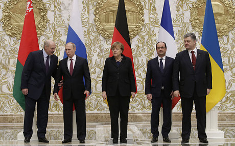 Leaders of Belarus, Russia, Germany, France, and Ukraine at the 11–12 February summit in Minsk (photo credit: AFP) Leaders of Belarus, Russia, Germany, France, and Ukraine at the 11–12 February summit in Minsk (photo credit: AFP)