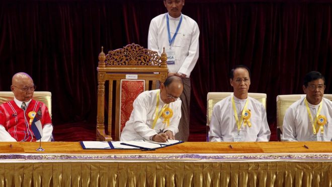 The signing ceremony in the capital Nay Pyi Taw is the result of two years of negotiations (photo credit: BBC News) The signing ceremony in the capital Nay Pyi Taw is the result of two years of negotiations (photo credit: BBC News)