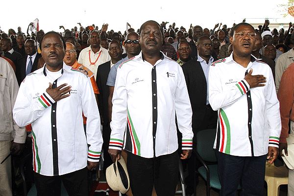 Former Vice President Kalonzo Musyoka, Former Prime Minister Raila Odinga and Bungoma Senator Moses Wetangula at the Saba Saba Rally at Uhuru Park, Nairobi on the 7th of July 2014. They launched the Okoa Kenya Movement during the rally. (photo credit: Courtesy)