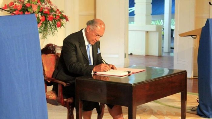 President Ratu Epeli Nailatikau promulgating the Constitution into law on 6 Sept