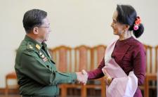 Daw Aung San Suu Kyi met with Senior Gen. Min Aung Hlaing after a meeting in 2015 (photo credit: Hyo Hein Kyaw/Agence France-Presse — Getty Image) Daw Aung San Suu Kyi met with Senior Gen. Min Aung Hlaing after a meeting in 2015 (photo credit: Hyo Hein Kyaw/Agence France-Presse — Getty Image)
