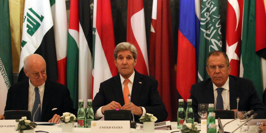 UN Special Envoy for Syria, Staffan de Mistura, US Secretary of State John Kerry and Russian Foreign Minister Sergey Lavrov (photo credit: Leonhard Foeger/AP)