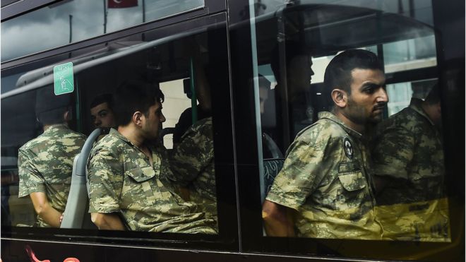 Soldiers detained for suspected coup involvement are brought to court in Istanbul (photo credit: AFP)