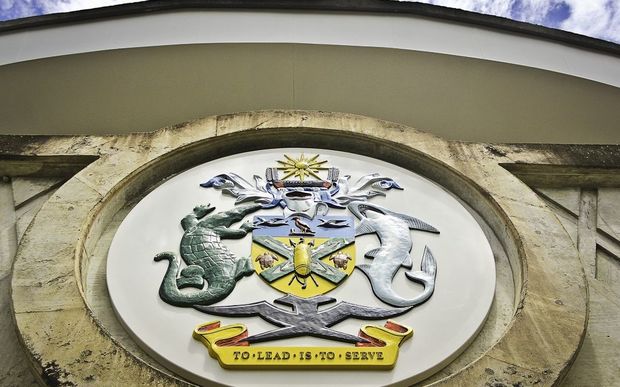 The Solomon Islands Coat of Arms adorns the steps of the National Parliament (photo credit: RNZ/Koroi Hawkins)